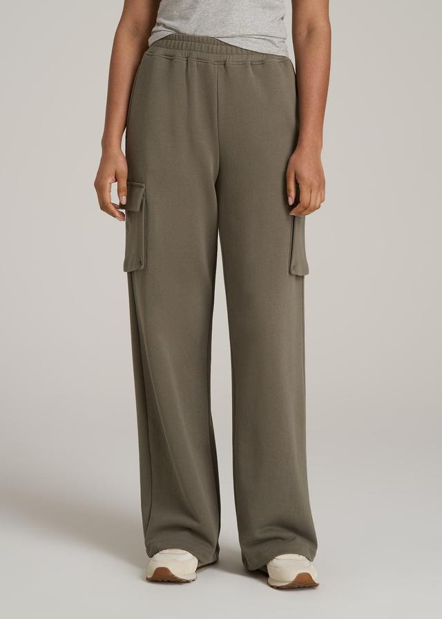 French Terry Wide Leg Cargo Sweatpants for Tall Women in Camper Green Product Image