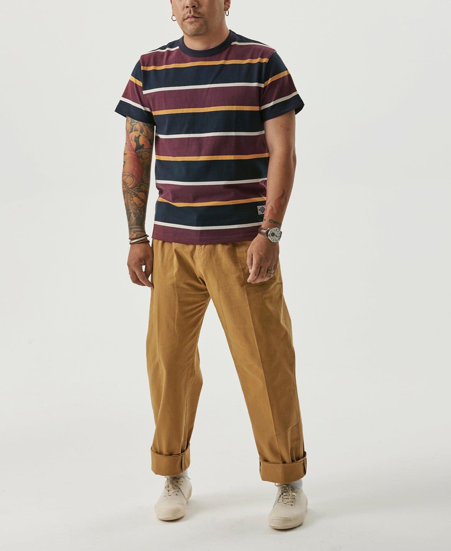 9.8 oz IVY Style Striped T-Shirt - Burgundy Red/Navy Product Image