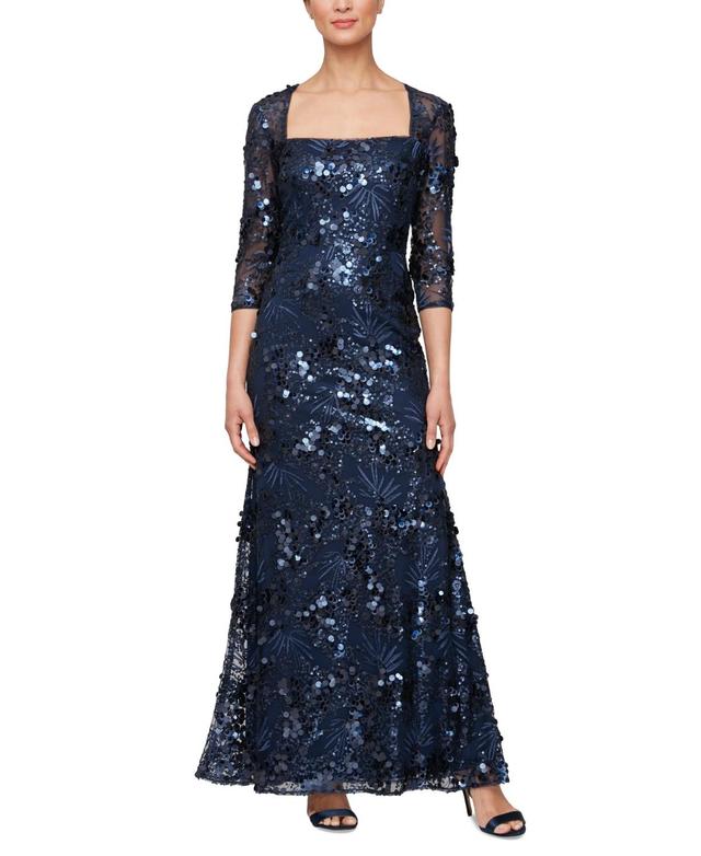 Alex Evenings Womens Sequin Embellished Square-Neck 3/4-Sleeve Gown Product Image