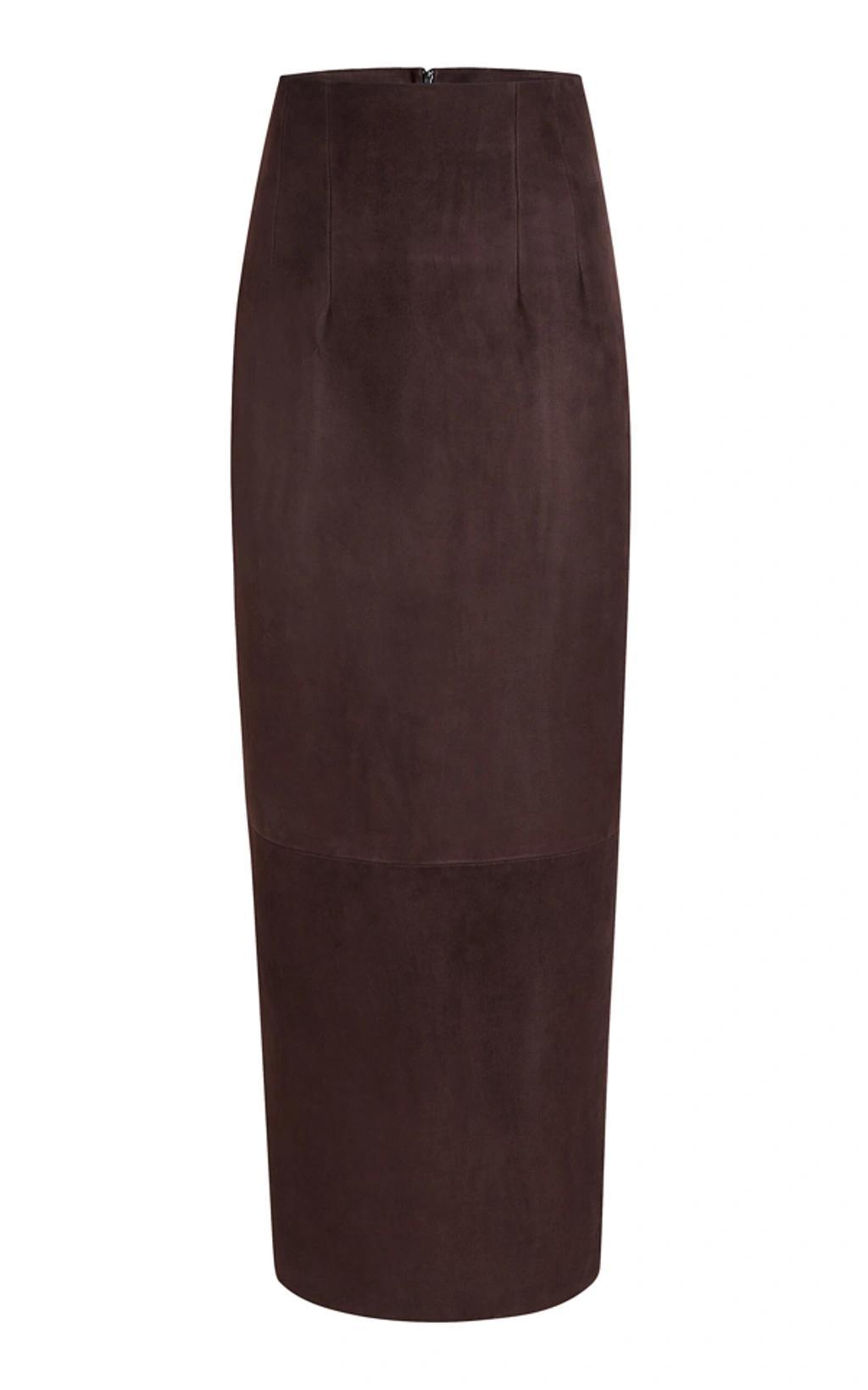 KHAITE Loxley High-waist Suede Midi Skirt In Brown Product Image