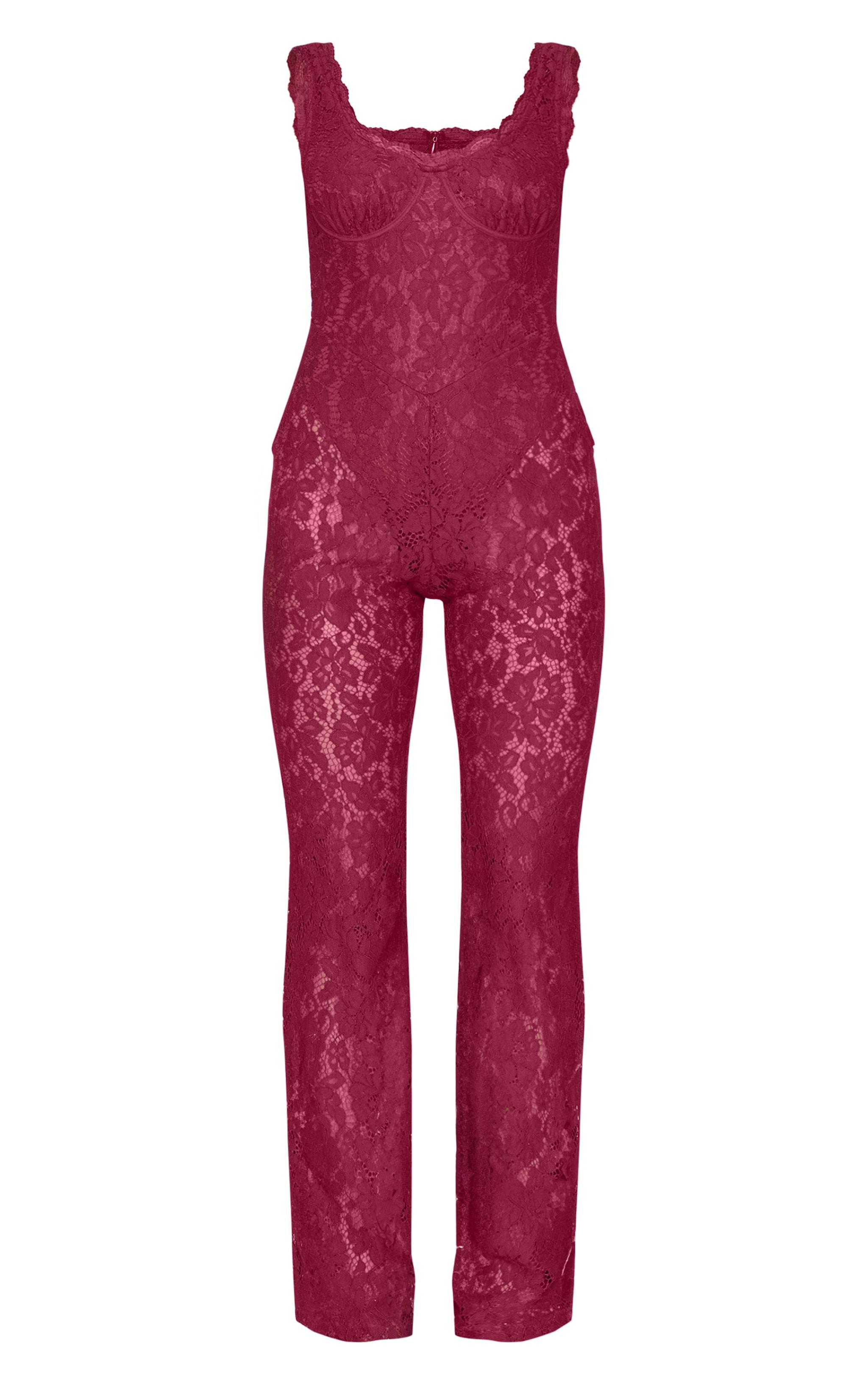 Burgundy Lace Boning Detail Strappy Flared Jumpsuit Product Image