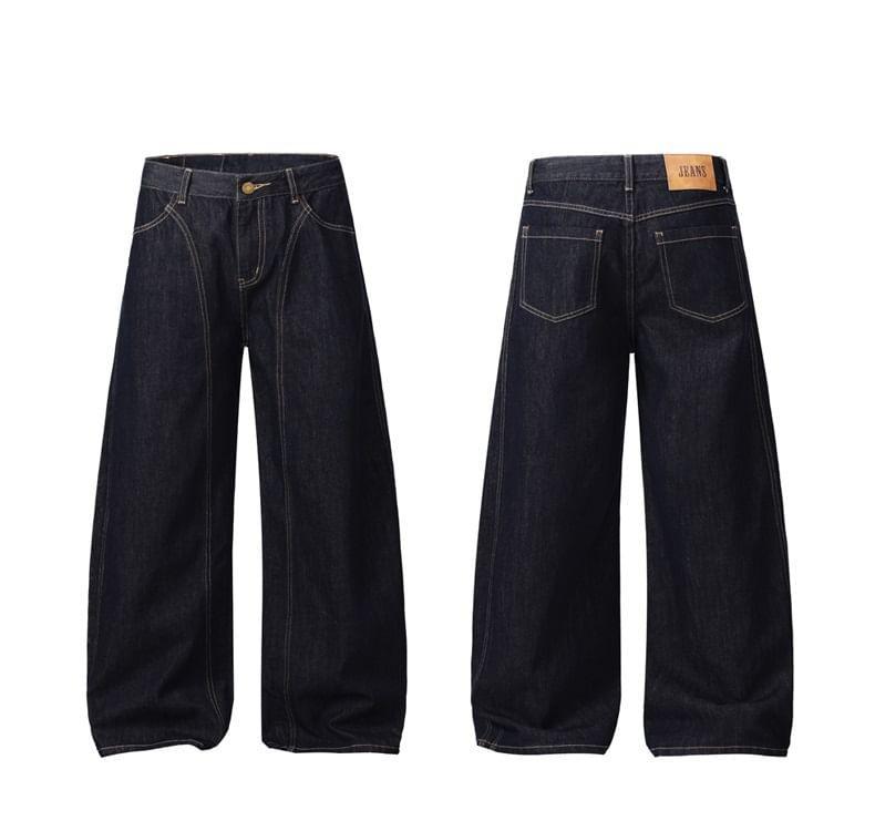 Low Waist Contrast Stitched Washed Wide Leg Jeans Product Image