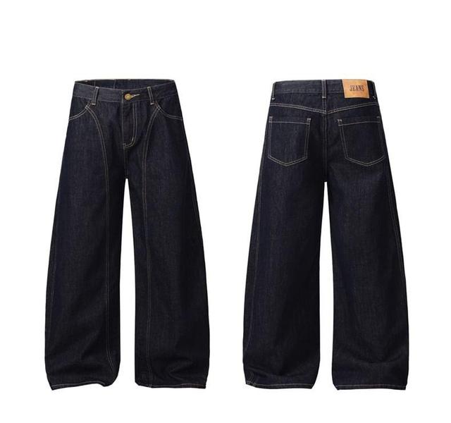 Low Waist Contrast Stitched Washed Wide Leg Jeans Product Image