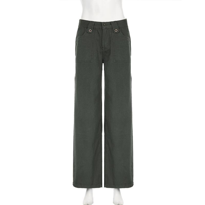 High Waist Plain Wide Leg Cargo Pants Product Image