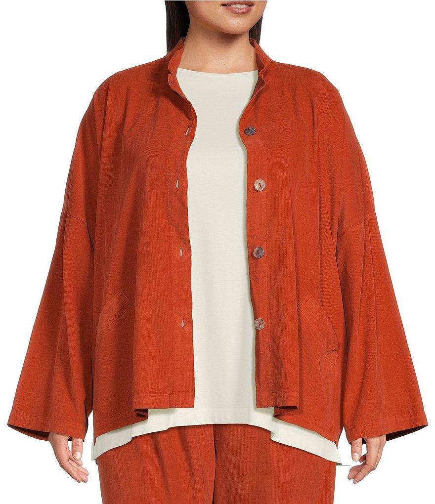 Bryn Walker Plus Size Danuta Corduroy Mandarin Collar Long Wide Sleeve Button Front Oversized Jacket Product Image