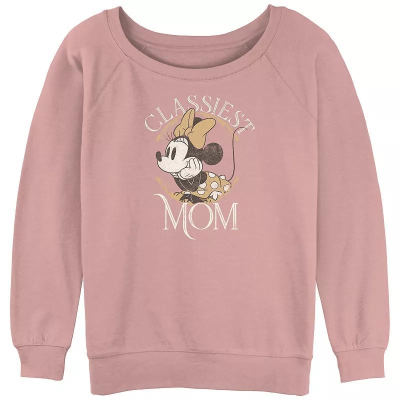 Disneys Minnie Mouse Juniors Distressed Portrait Classiest Mom Slouchy Terry Pullover, Womens Product Image