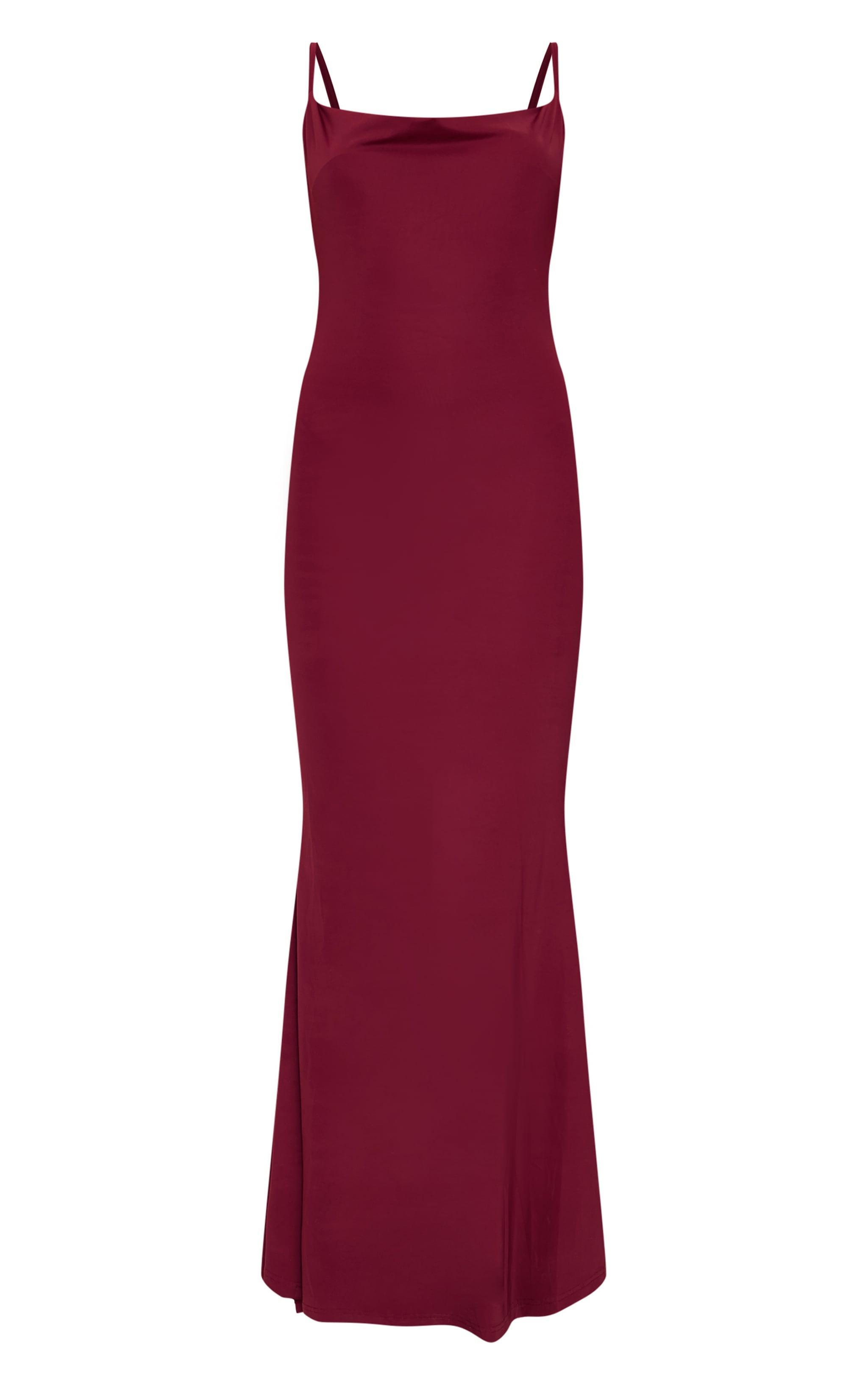 Burgundy Slinky Cowl Neck Lace Insert Detail Maxi Dress Product Image