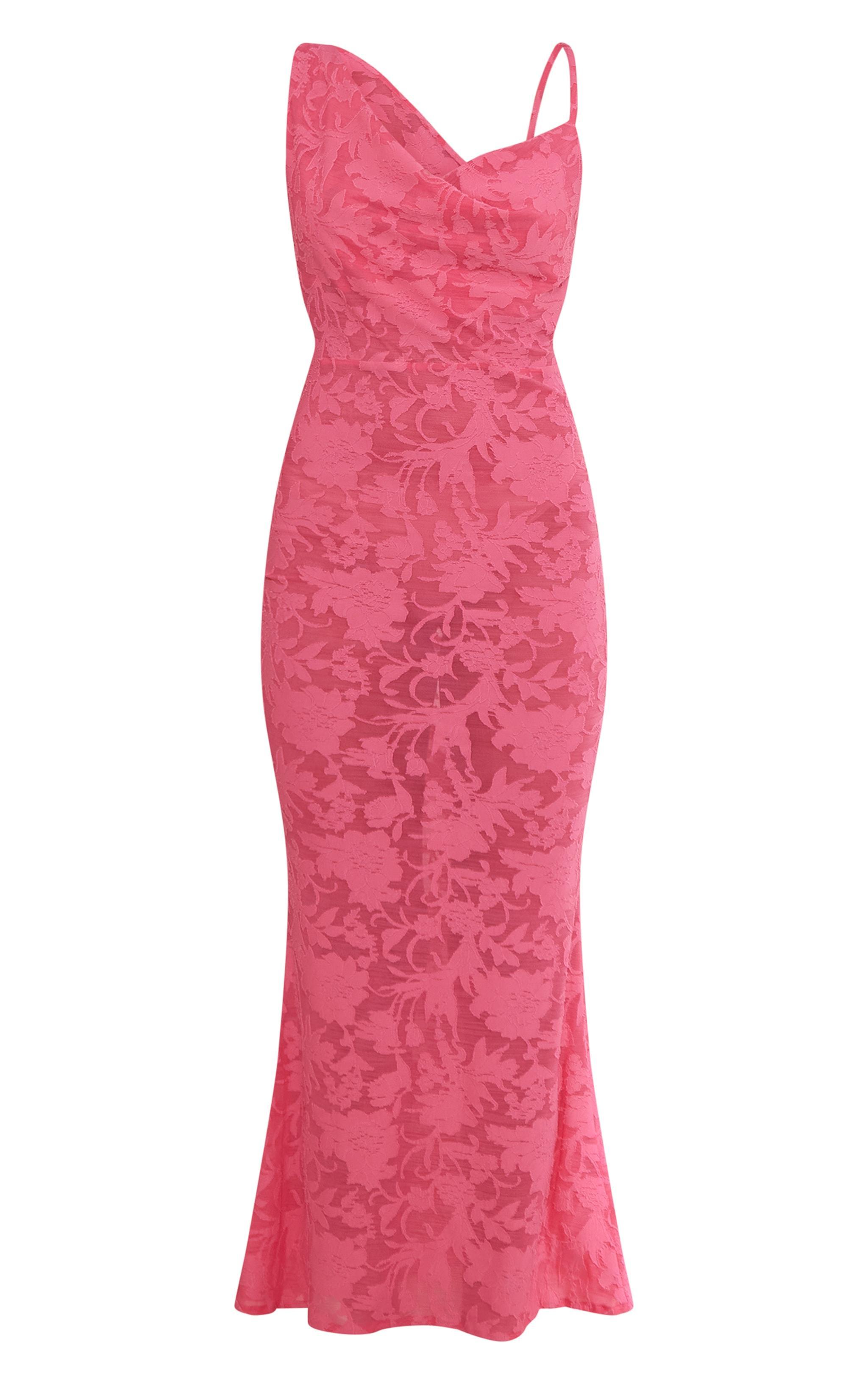 Hot Pink Devore Mesh Asymmetric Cowl Neck Maxi Dress Product Image