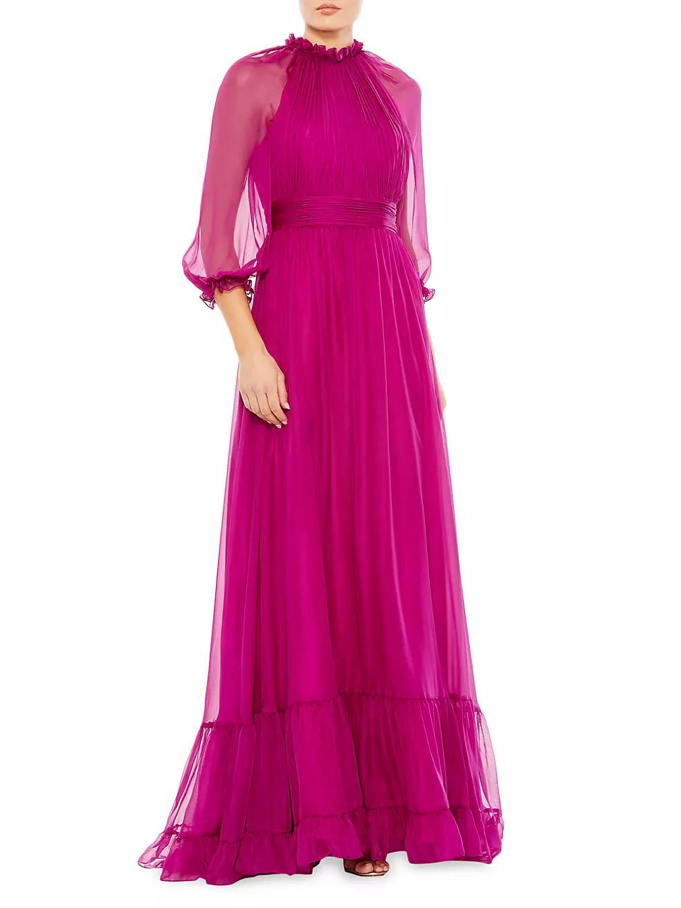 Ruffled Raglan-Sleeve Chiffon Gown Product Image