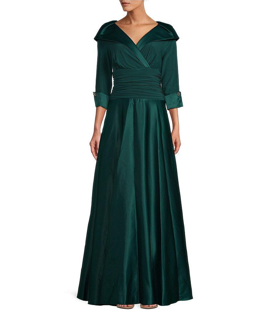 Jessica Howard Portrait Collar V-Neck 3/4 Sleeve Rhinestone Cuff Ruched Waist Satin Gown Product Image