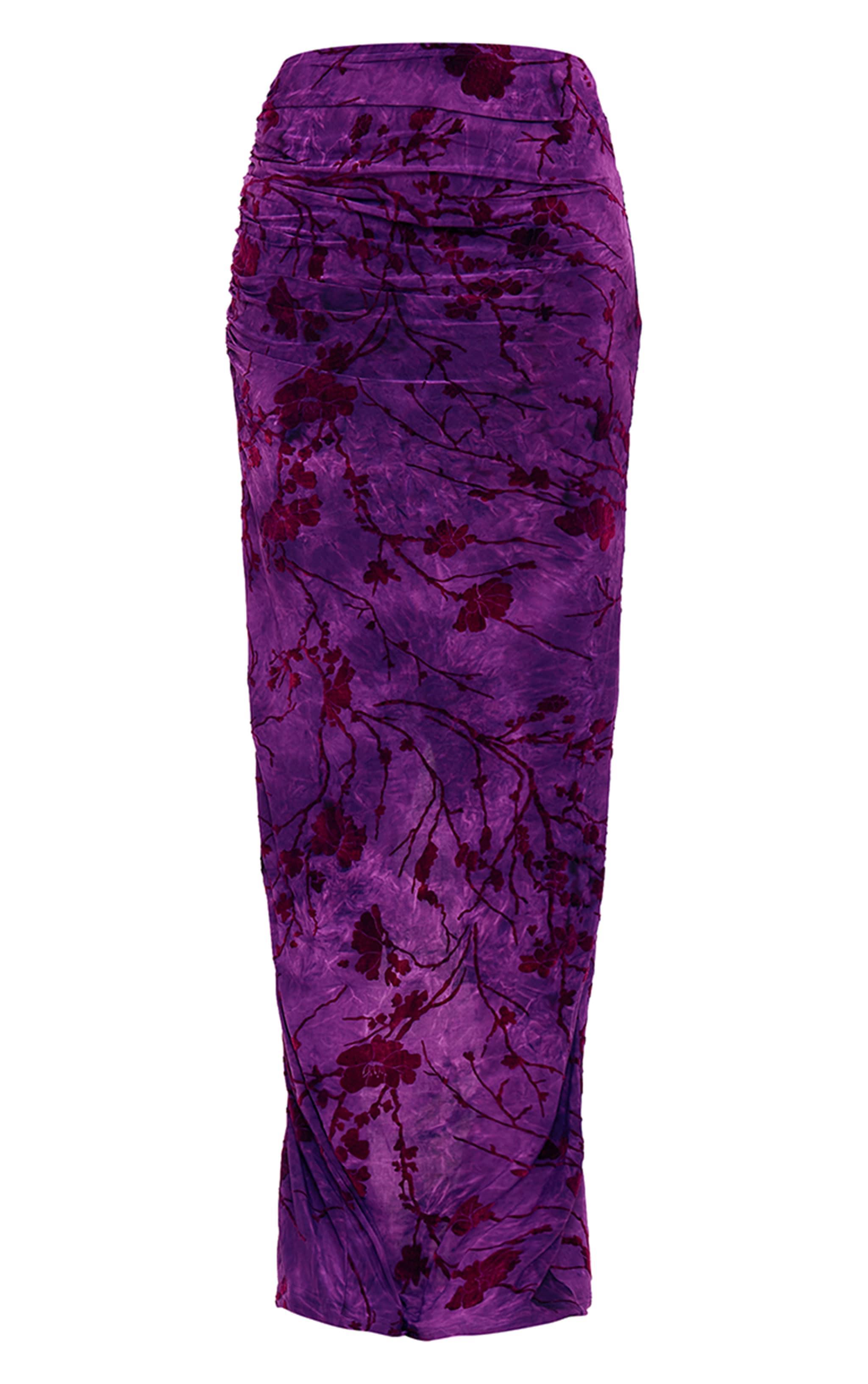 Purple Printed Soft Touch Devore Ruched Side Maxi Skirt Product Image