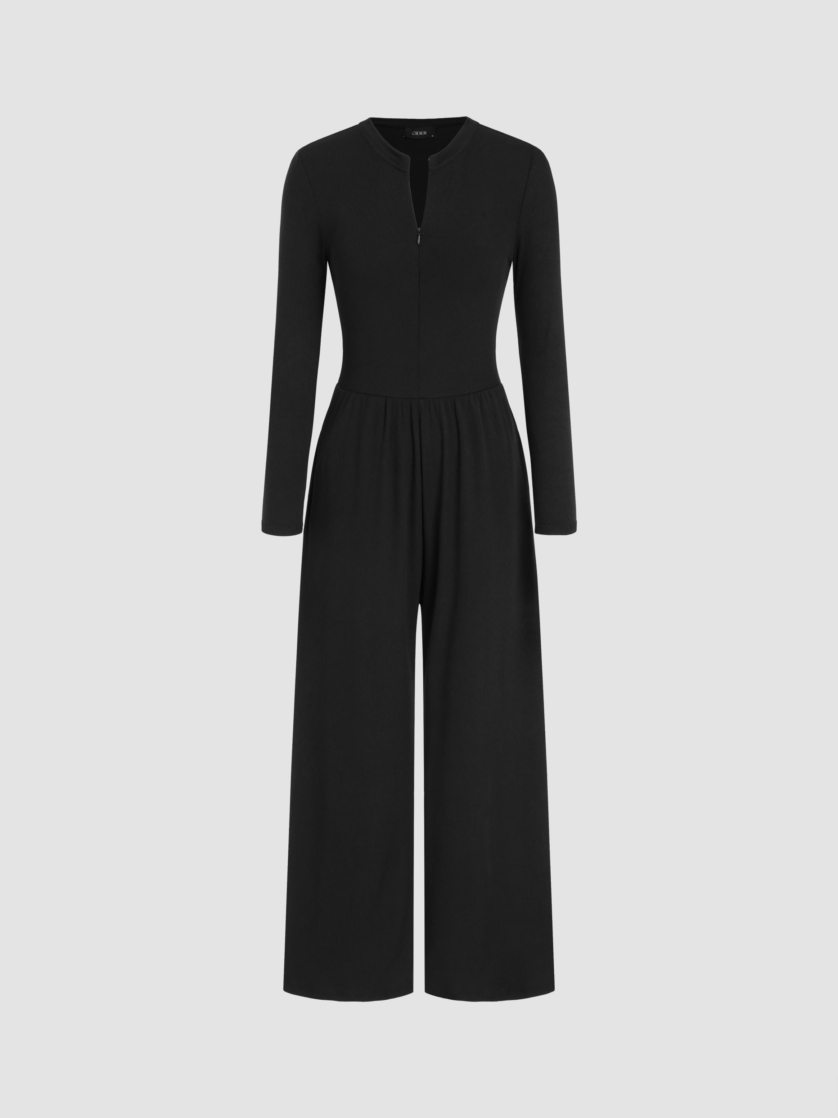 Round Neckline Zipper Ruched Jumpsuit Product Image