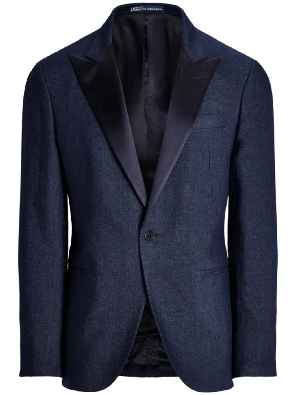 Single-breasted Linen Tuxedo Jacket In Blue Product Image