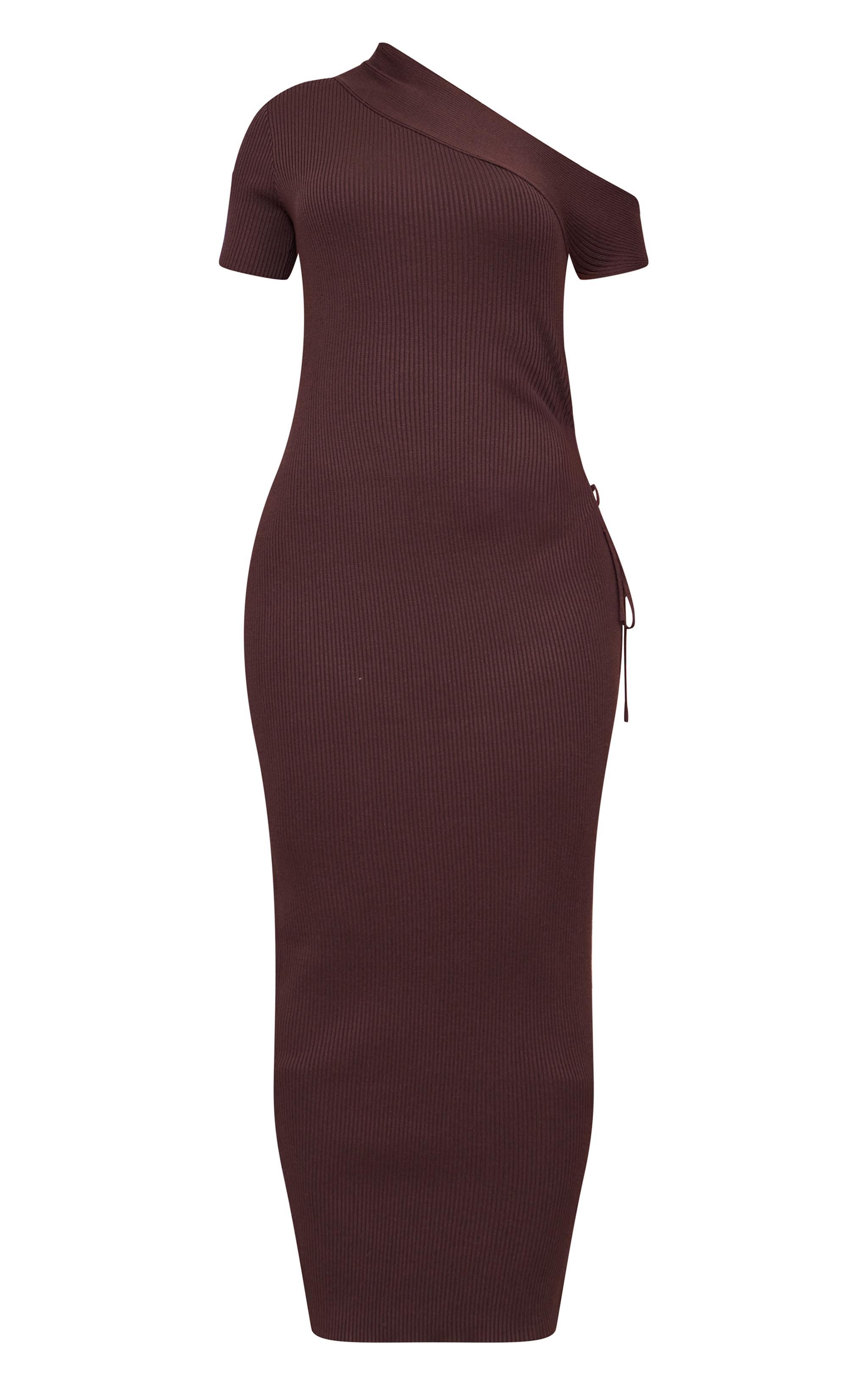 Chocolate Rib Knit Asymmetric Neck Ruched Side Maxi Dress Product Image