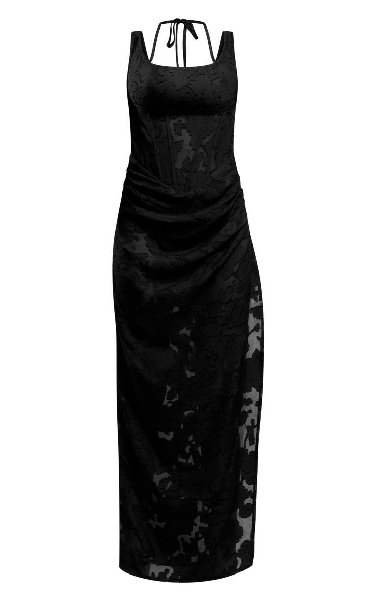 Black Floral Flocked Corset Drape Detail Maxi Dress Product Image