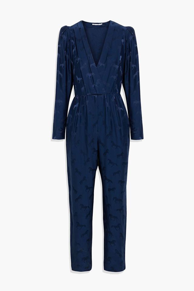 Gathered Silk-blend Satin-jacquard Jumpsuit In Navy Product Image