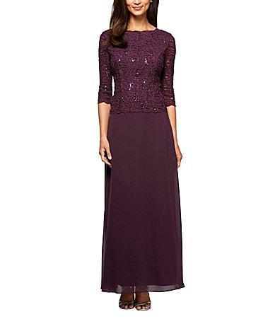 Alex Evenings Petite Size Sequined Lace Bodice Crew Neck 34 Sleeve Chiffon Skirted Gown Product Image