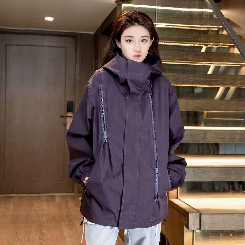 Hooded Plain Oversized Zip Jacket Product Image