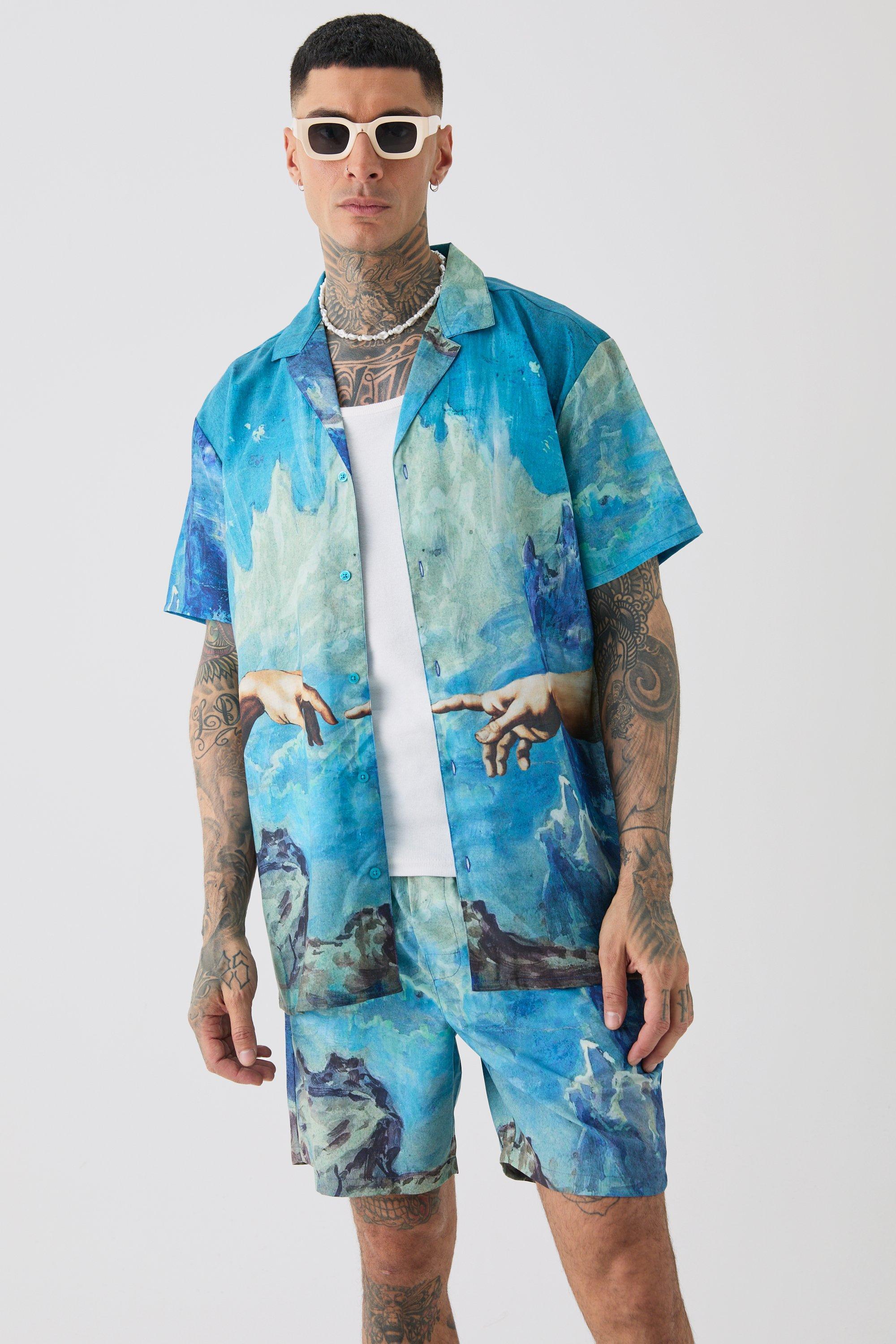 Tall Oversized Renaissance Print Shirt & Swim Trunks Set | boohooMAN USA Product Image