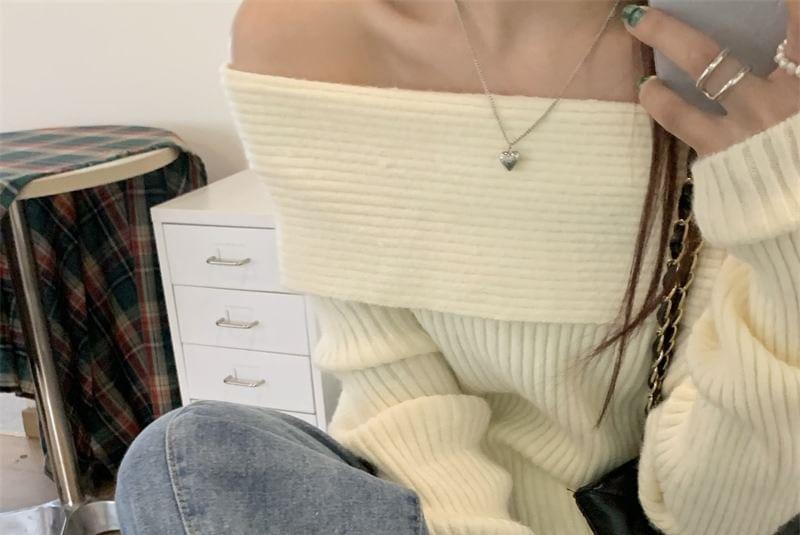 Off Shoulder Plain Ribbed Knit Oversized Sweater Product Image