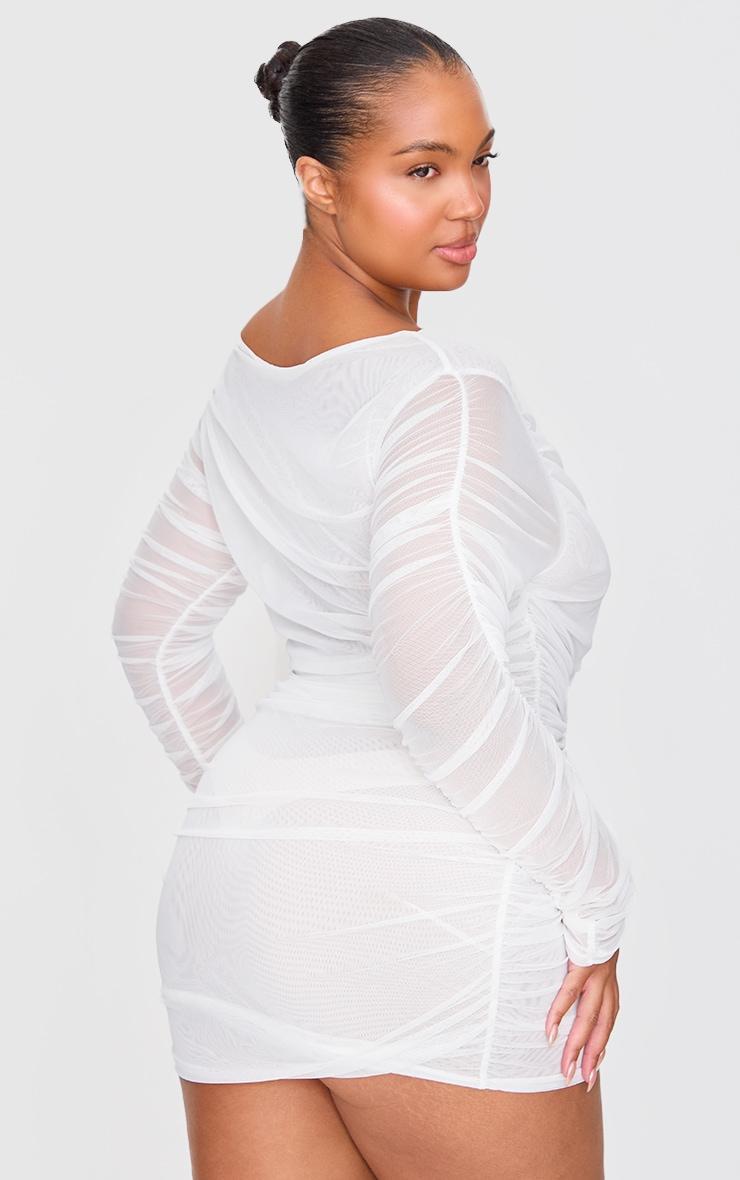 Premium White Double Layer Mesh Ruched Long Sleeve Bodycon Dress Product Image