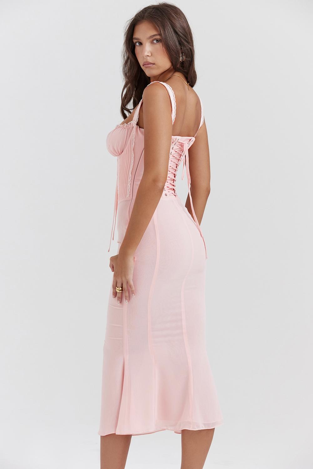 Syrah Soft Peach Lace Back Midi Dress Product Image