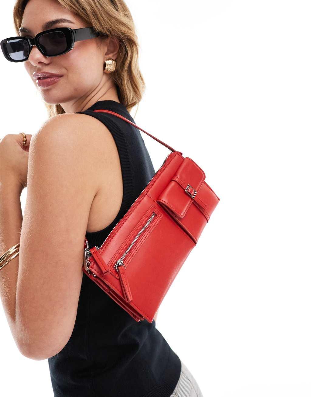 Mango pocket detail mini shoulder bag in red Product Image