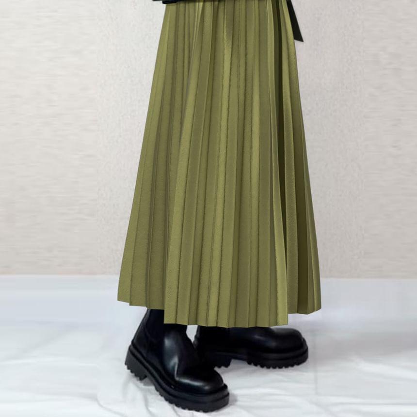 Set: Long-Sleeve Notch Neck Two Tone Asymmetrical Knit Top + High Rise Accordion Pleated Midi A-Line Skirt Product Image