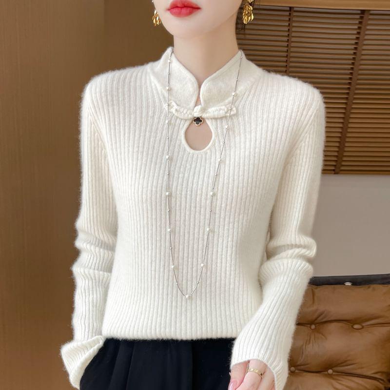 Stand Collar Plain Ribbed Knit Keyhole Sweater Product Image