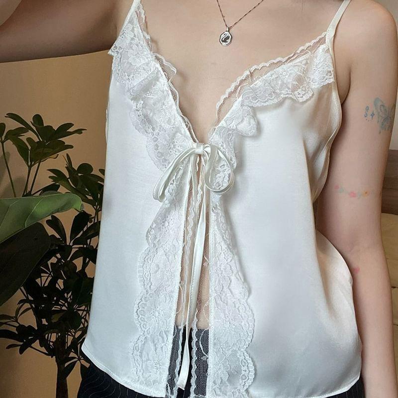 Spaghetti Strap Lace Trim Tie Front Cami Top Product Image