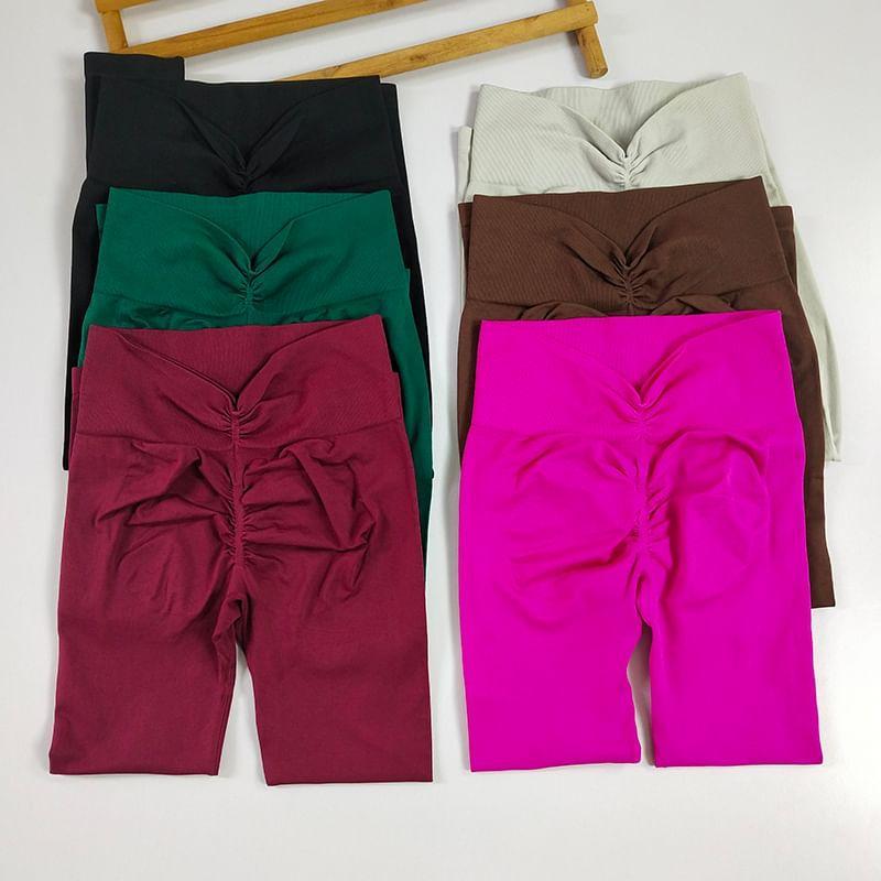 High Waist Plain Ruched Sports Leggings Product Image