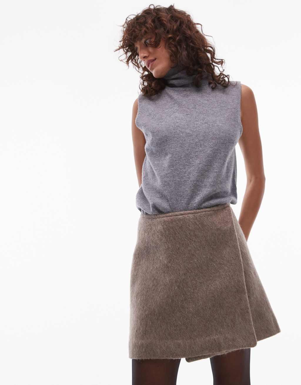 ARKET wool blend hairy texture mini skirt with front button wrap detail in beige product image