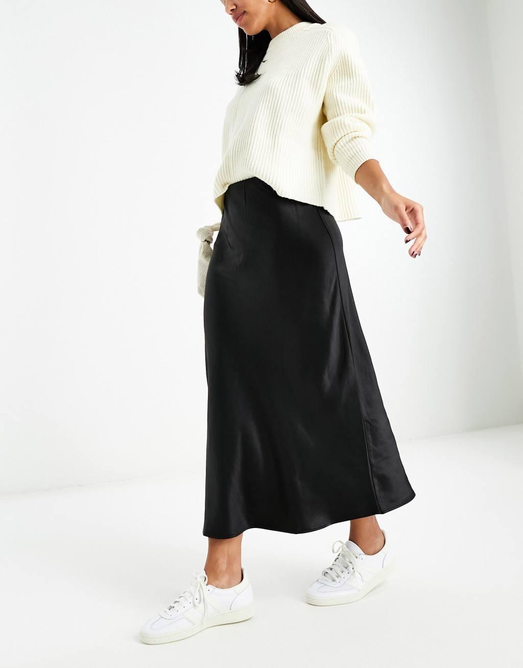 Mango satin midi skirt in black Product Image