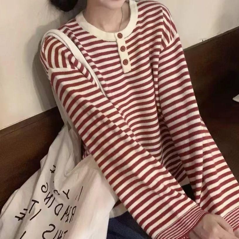 Long-Sleeve Henley Striped Knit Top Product Image