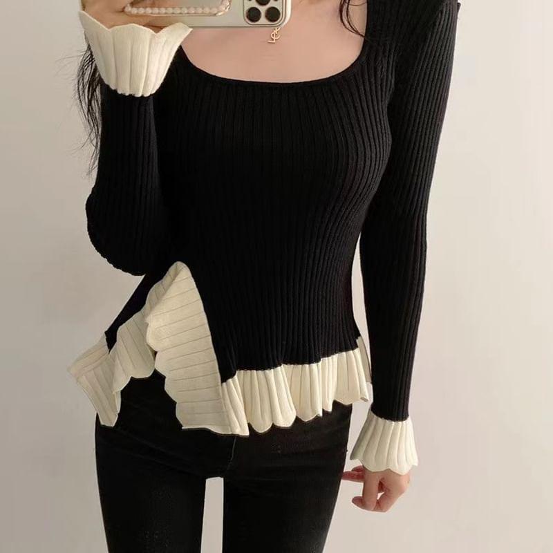 Long-Sleeve Square Neck Two Tone Top Product Image