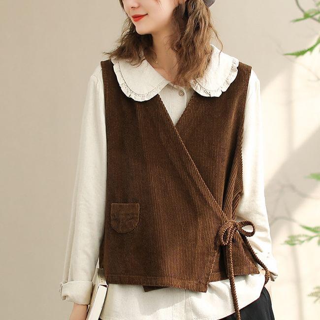 V-Neck Plain Corduroy Wrap Tie Front Vest Product Image