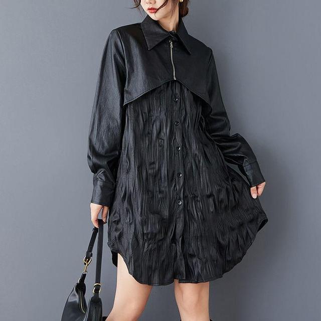 Long-Sleeve Collared Mock Two-Piece Plain Faux Leather Panel Crinkle Button-Up Tunic Dress Product Image