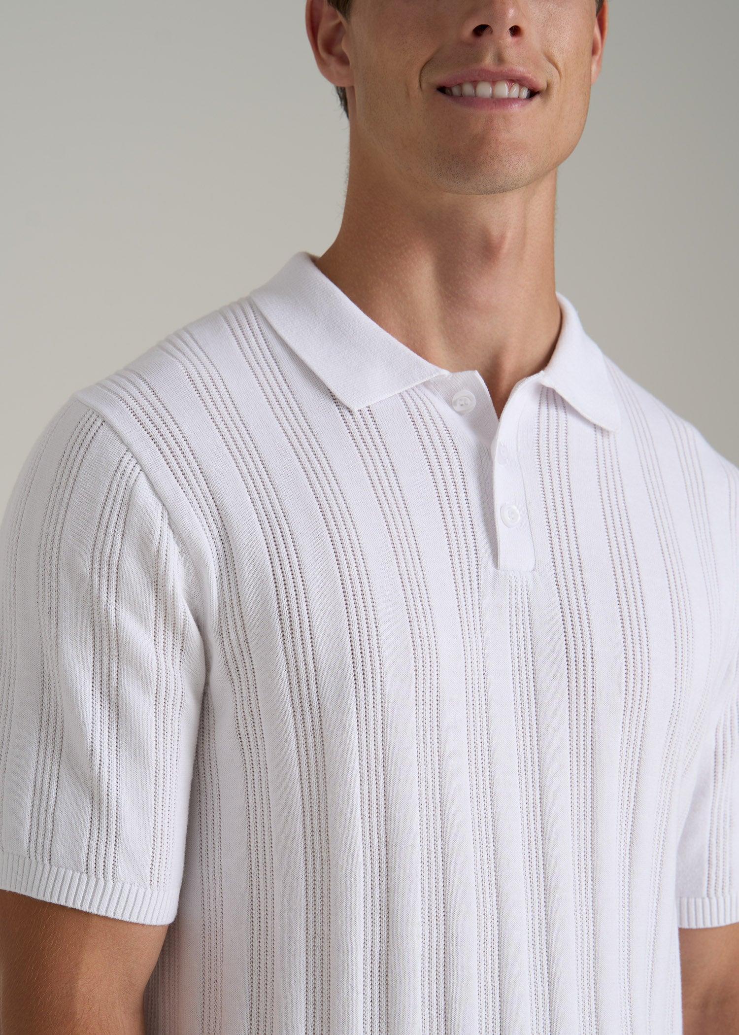 Ribbed Textured Knit Tall Men's Polo Shirt in White Male Product Image