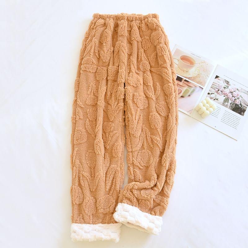 Elastic Waist Two Tone Floral Fleece Lounge Pants Product Image