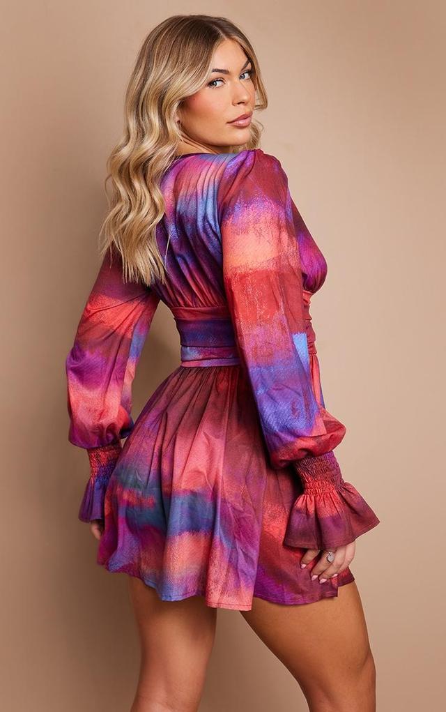 Pink Abstract Painted Button Detail Puff Sleeve Shift Dress Product Image