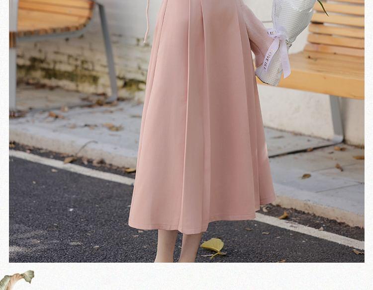 Set: Long-Sleeve Collared Plain Top + High Waist Midi A-Line Skirt Product Image