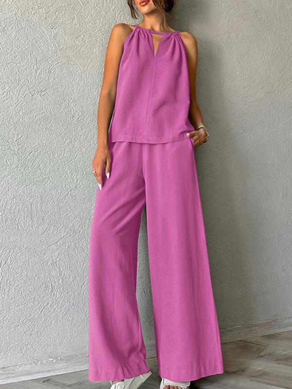 Loose Hollow Split-Joint Halter-Neck Vest + Elasticity High Waisted Pants Trousers Two Pieces Set Product Image