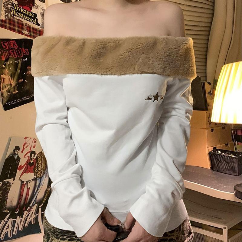 Long Sleeve Off-Shoulder Furry-Trim Star Embroidered Slim-Fit Top Product Image