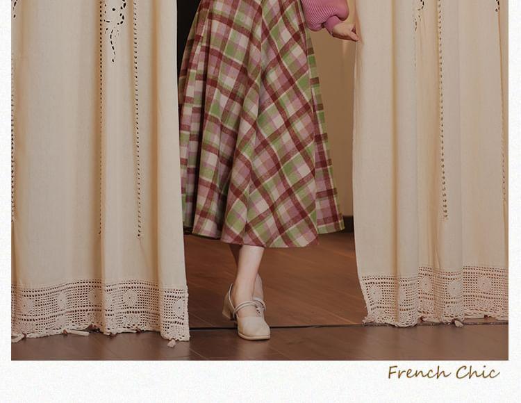 Set: Mock Neck Plain Sweater + High Rise Plaid Midi A-Line Skirt Product Image