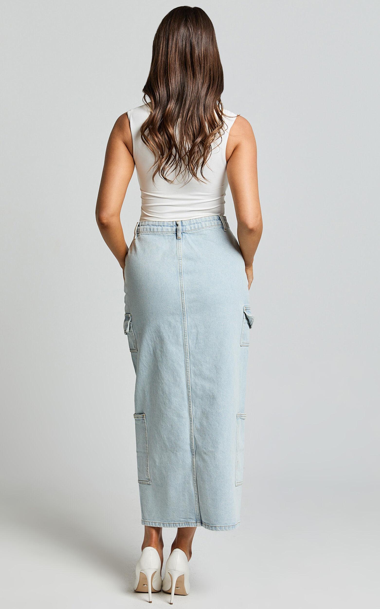 Sylvia Midi Skirt - Utility Pockets Denim Skirt in Light Blue Wash Product Image