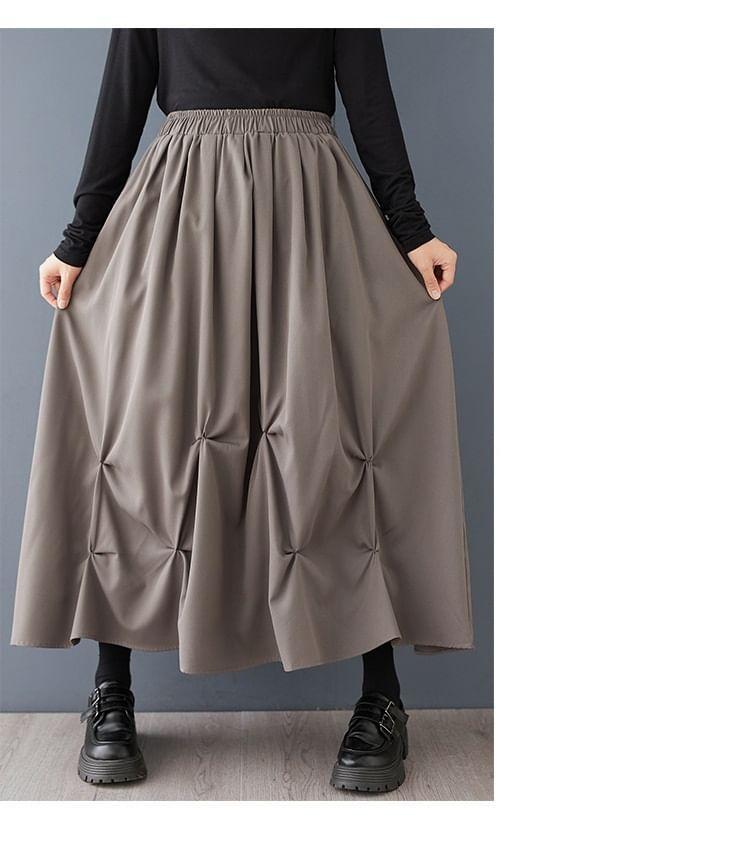 Elastic Waist Plain Ruched Maxi A-Line Skirt Product Image