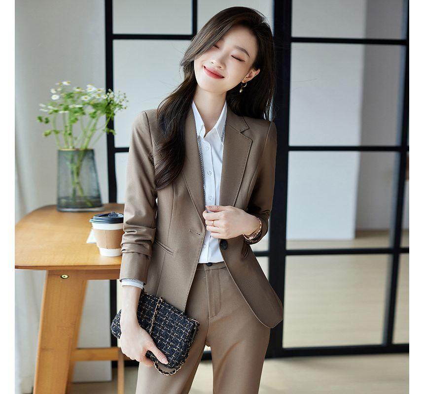 Plain Single-Button Blazer / Shirt / Straight Leg Dress Pants Product Image