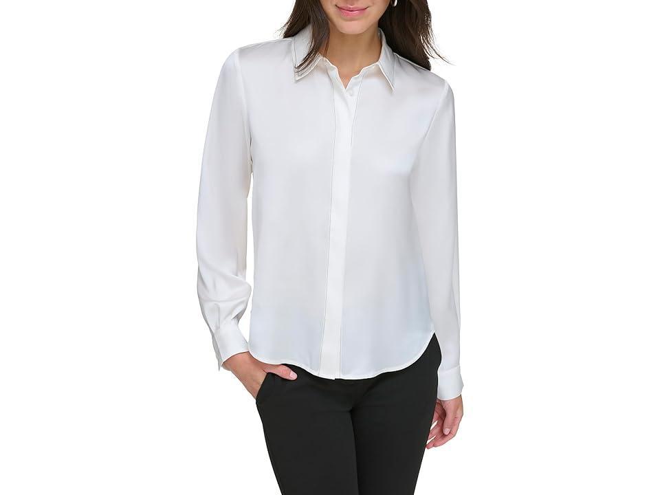 DKNY Long Sleeve Shirt Collar Button Front with Contrast Stitch (Ivory) Women's Clothing product image