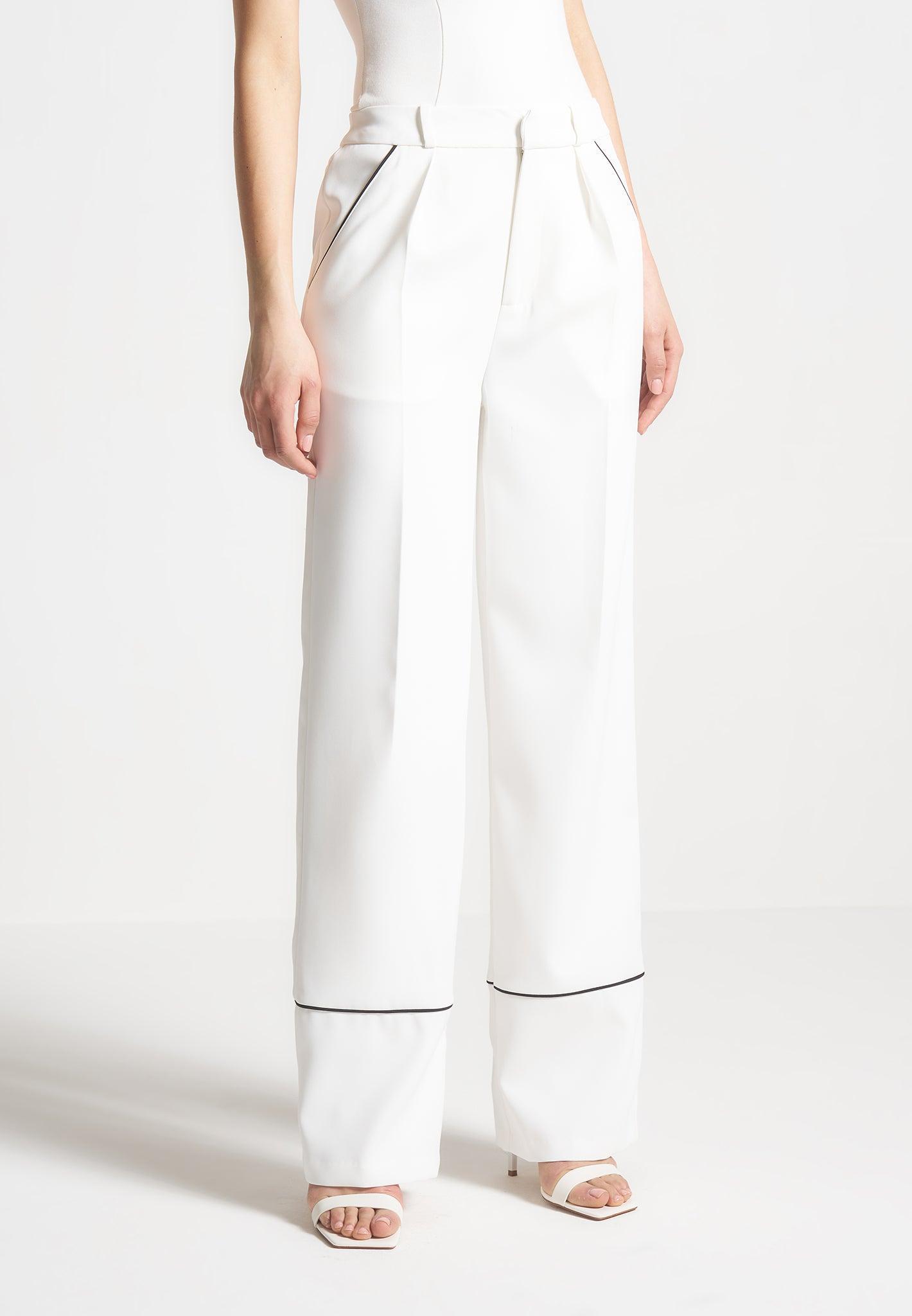 Contrast Piped Pleated Trousers - White/Black Female Product Image