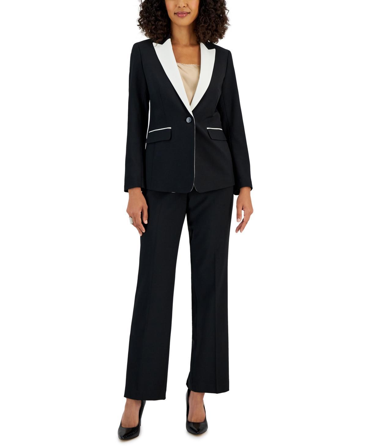 Le Suit Womens Crepe Contrast-Collar Jacket & Kate Straight-Leg Pants - Black Product Image